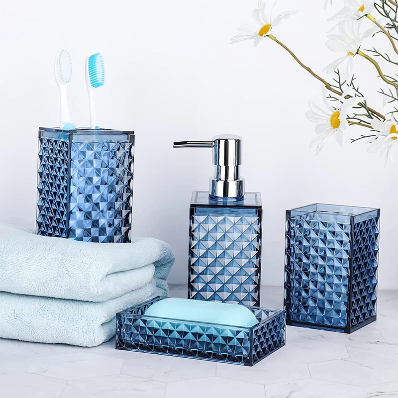 Diamond Bathroom 4 Piece Set Toothbrush Cup Press Dispenser Bottle Categorized Storage Boutique Design