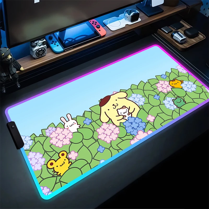 

Коврик для мыши Sanrio, игровой коврик для мыши с RGB подсветкой, с помпоном, Purin, для клавиатуры и игрового стола, домашний декор