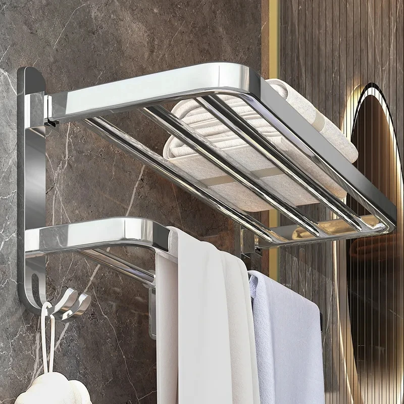 Stainless Steel Towel Rack Foldable Punching Free Bath Towel Shelf With Hooks Home Kitchen Bathroom Supplies Storage Holder 2