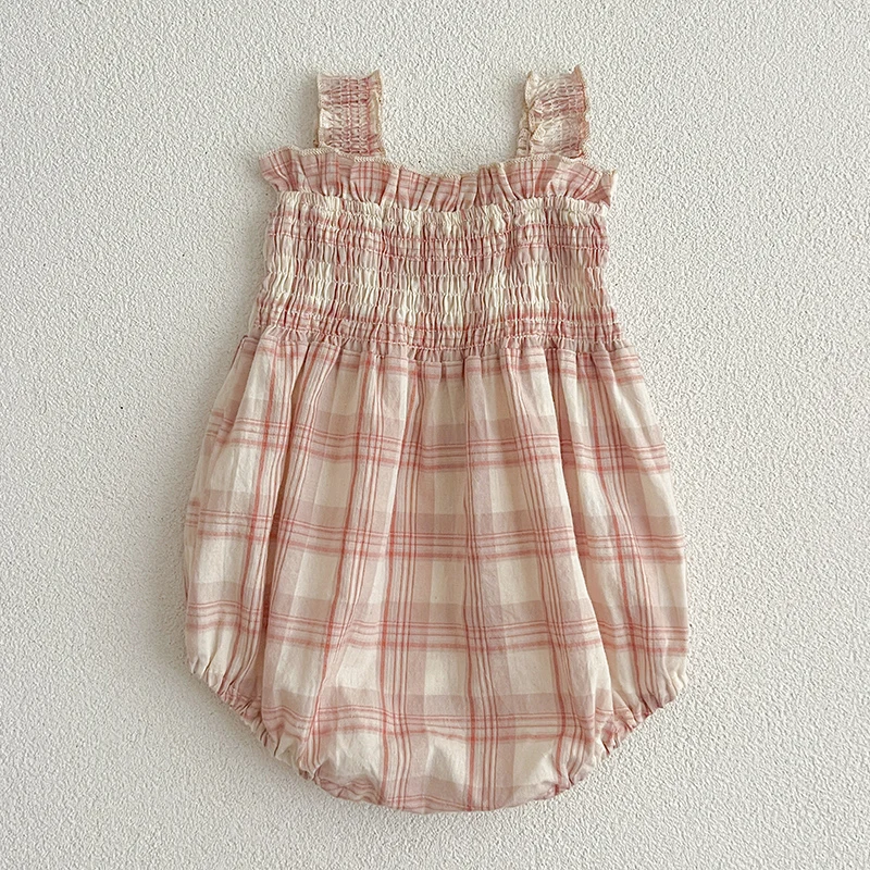 Girls Sister Dress Clothes Summer Sweet Newborn Baby Girls Pink Grid Jumpsuit Toddler Girls Short Sleeves Kids Princess Dress 3