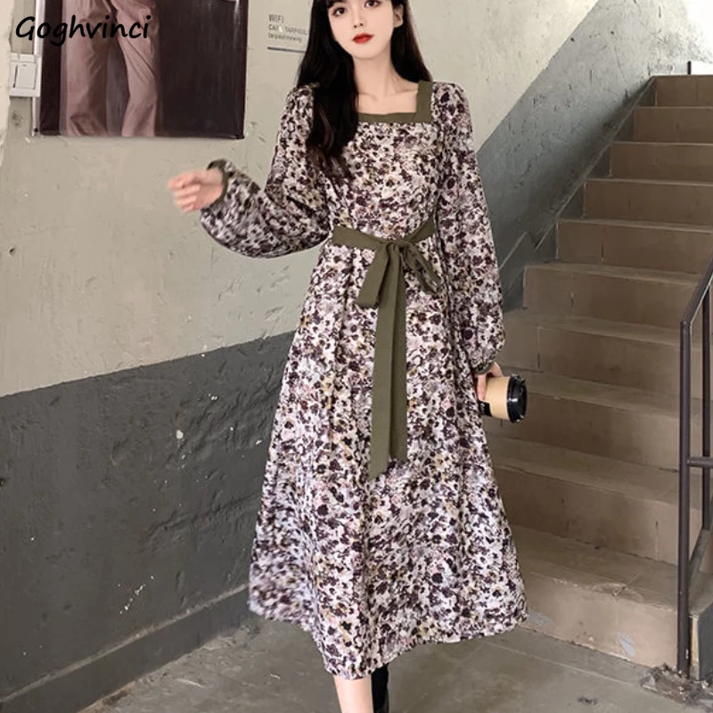 

Long Sleeve Dresses Women Floral Panelled Bandage Aesthetic Vintage Square Collar Classy Ulzzang Cozy Ins Prevalent Tender New