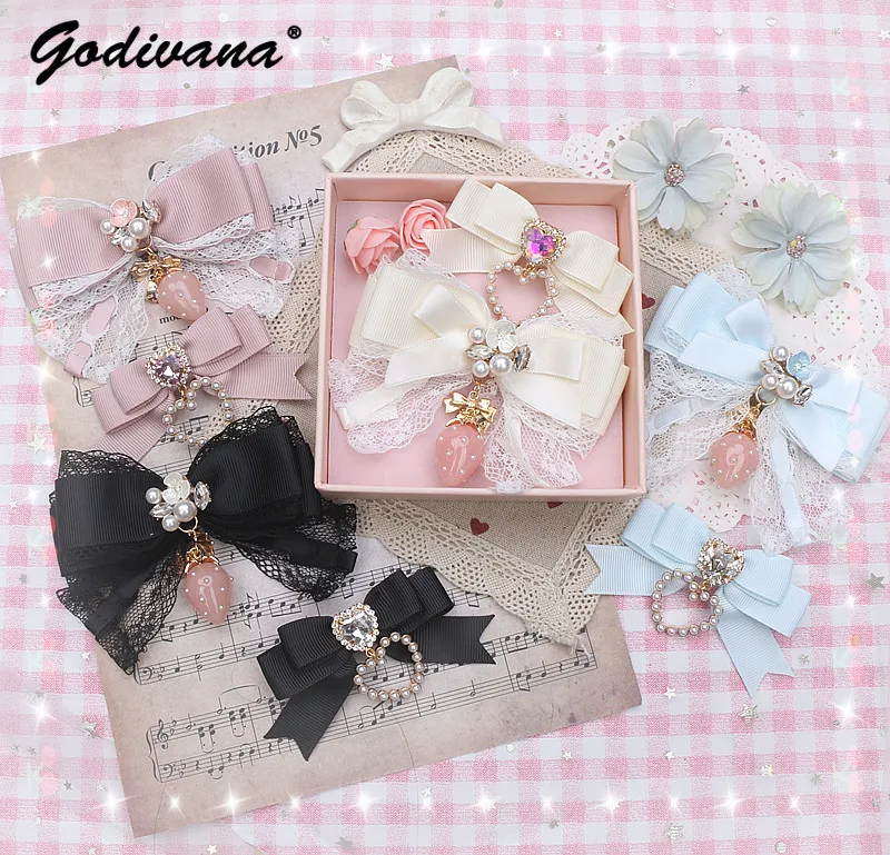 New Headwear Japanese Style Sweet and Cute Pearl Heart Strawberry Pendant Barrettes Hair Clip Lolita Accessories Soft Girl Lace