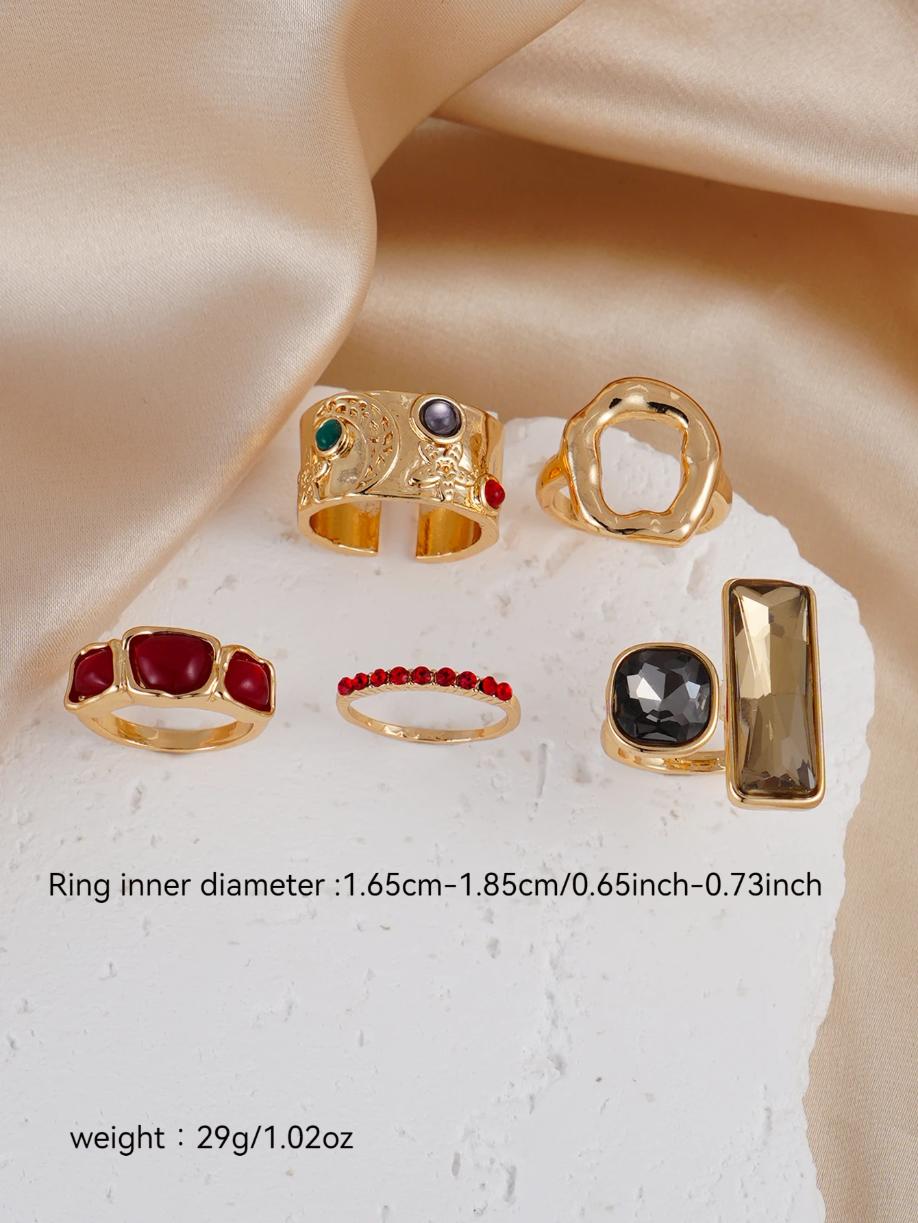 5PCS Two-Tone Gemstone Ring Set for Women Crystal Accent Geometric Textured Design Bold Statement Trendy Retro Festival Jewelry - 3