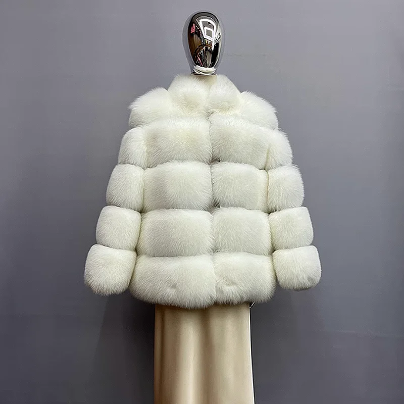 Women's Standing Collar Real Fox Fur Coat High Quality Large Horizontal Fox Fur Jacket Winter Luxury Women's Natural Fur Coat natural women fur coat winter fashion baby blue color 60cm long real fox fur jacket with lapel collar high quality fur overcoats