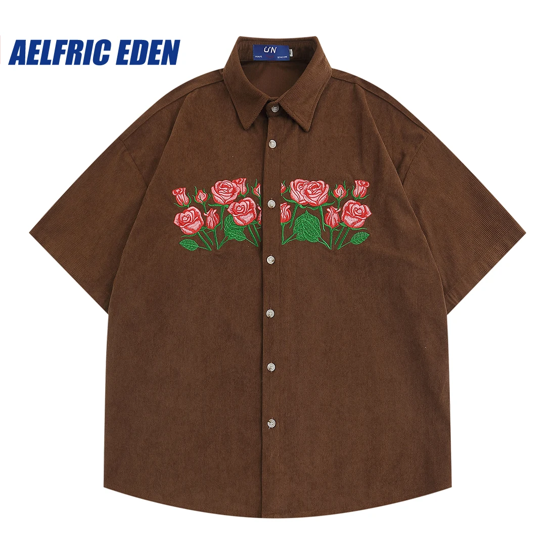 Aelfric Eden Embroidered Corduroy Short Sleeve Shirts 2023 Men Hip Hop Streetwear Casual Hipster Graphic Shirt Harajuku Hawaiian