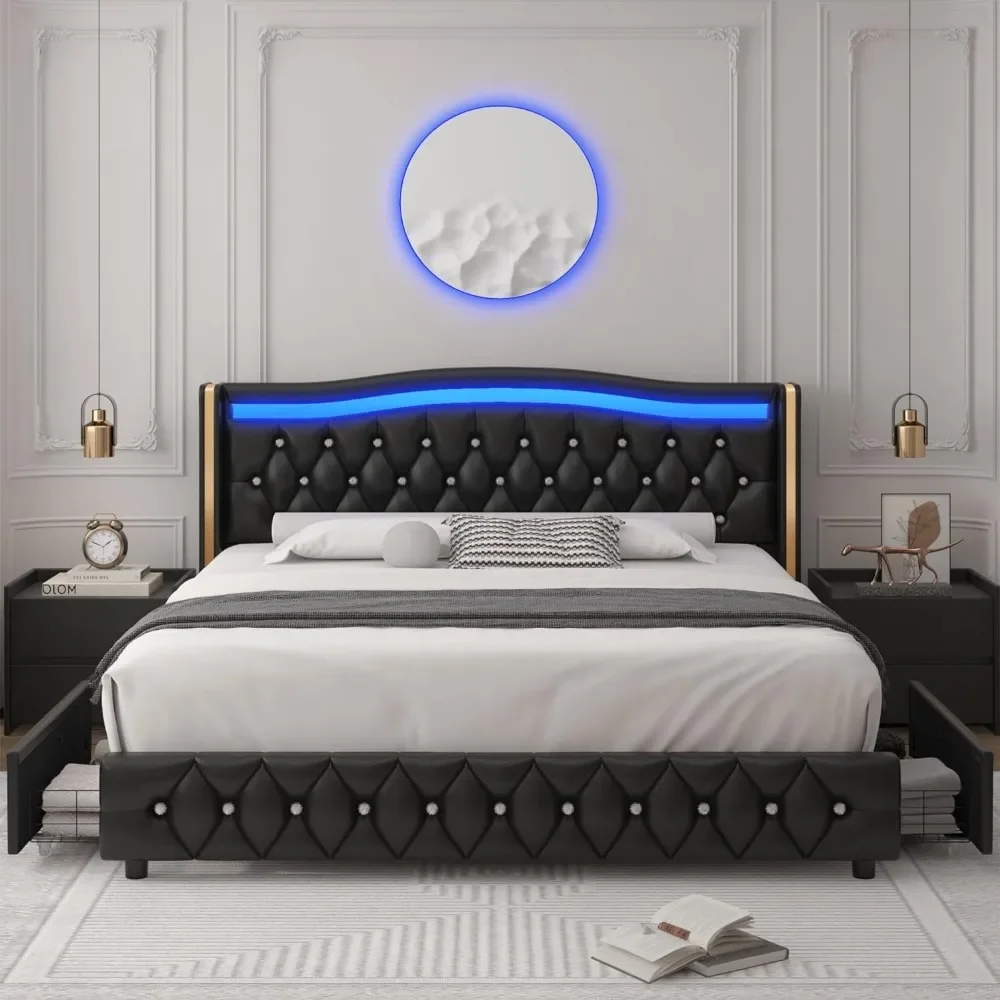 King Smart LED Platform Bed Frame with 4 Storage Drawers Crystal Button-Tufted & Stainless Gold Trim Wingback Headboard