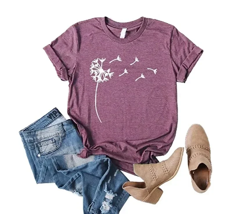 

Dandelion print round neck T-shirt for loose women gray22