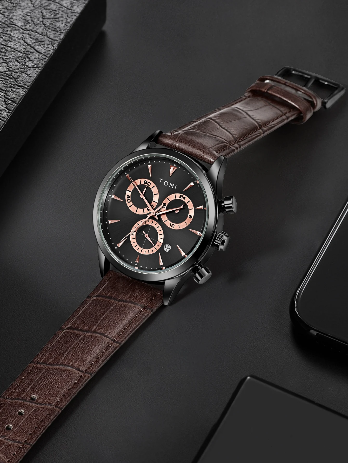 TOMI 4PCS Set Luxury Business Men's Quartz Watch Casual Fashion Versatile Watch Men's Cufflinks Tie Clip Watch Festival Gift