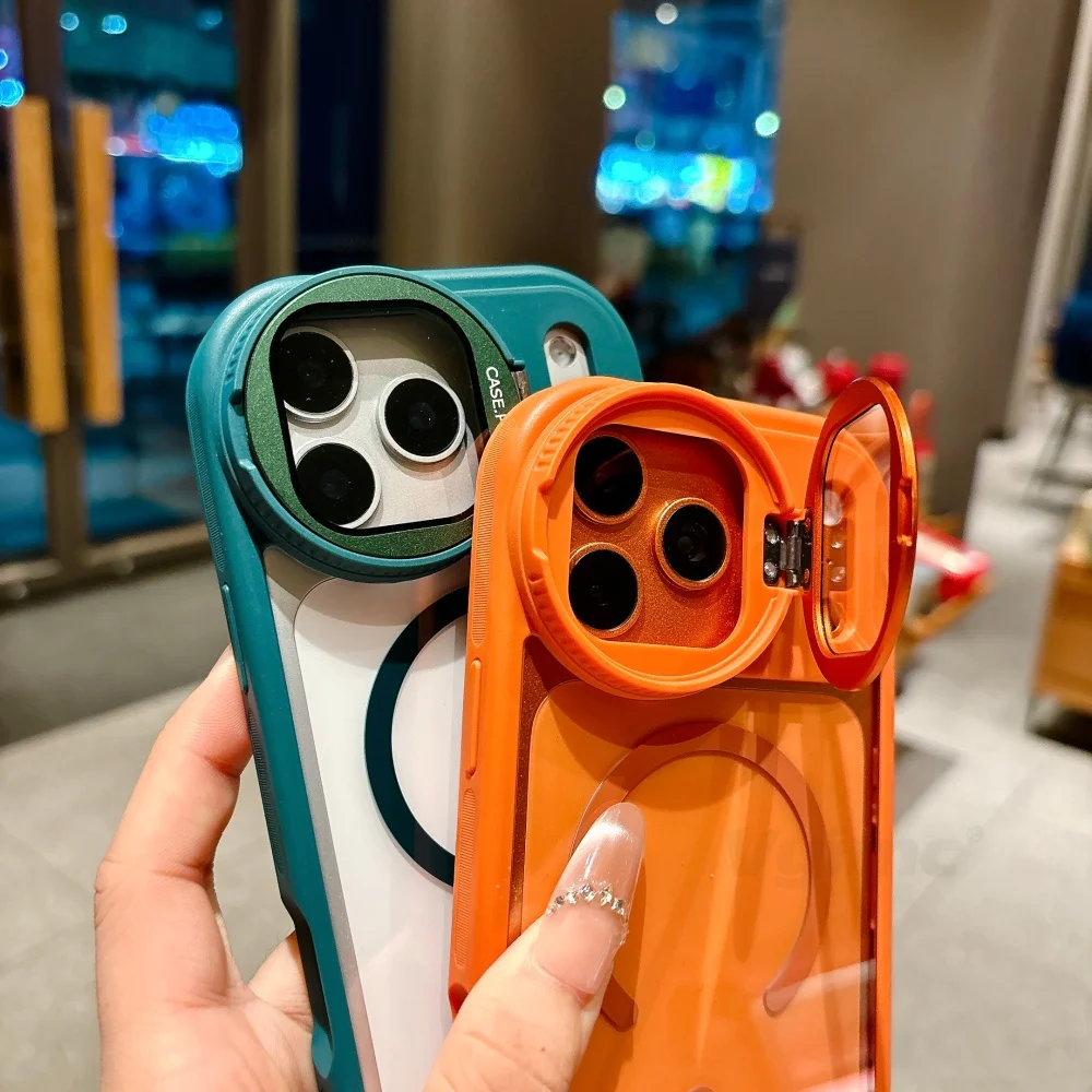 Foldable Magnetic Transparent Case with Lens Stand and Shockproof Design, Featuring Wrist Strap