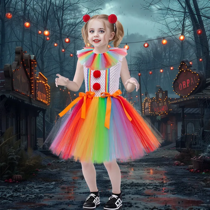 2024 NEW Halloween Anime Color Joker Tutu Dress Girls Carnival Clown Cosplay Lolita Kawaii Creepy Child Party Scary Clothes Kids