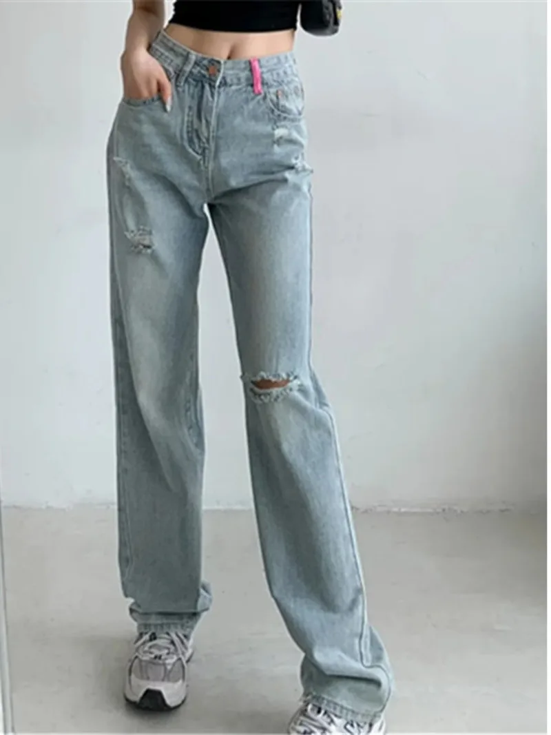 

TVVOVVIN 2023 Summer Washed Jeans Women's Summer Floor Sweeping Wide Leg Pants Worn-out Split Holes Light Colored Pants I2QB