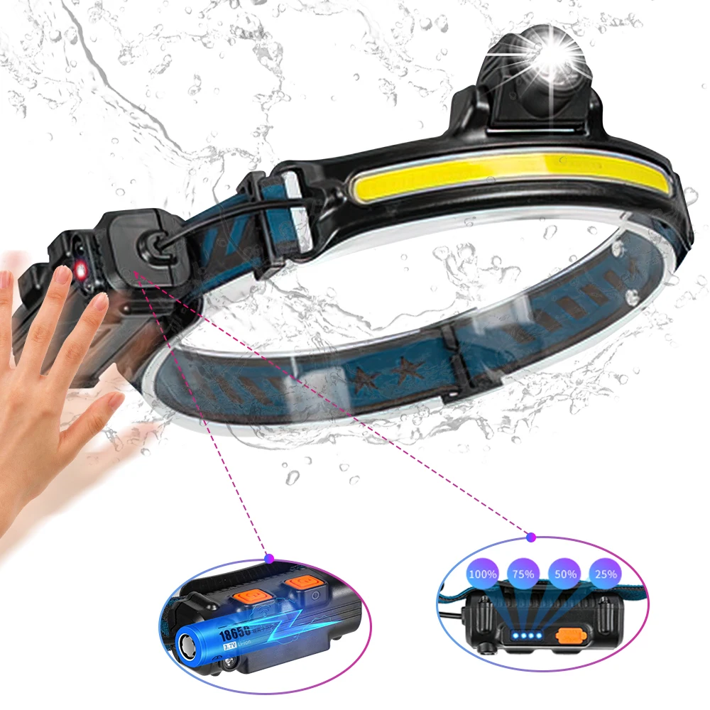 

Индукционный налобный фонарь с двойным источником света, уличный фонарь для ночного бега, Походов, Кемпинга, водонепроницаемый головсветил...