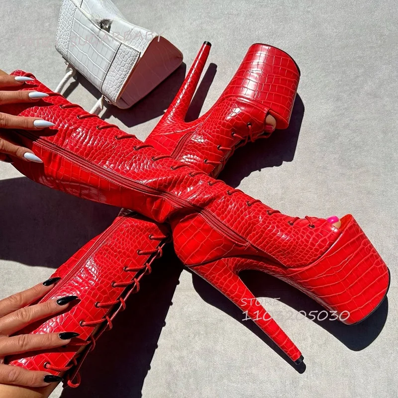 

Bright Red Sexy Open Zipper Boots for Girls Pole Dancing Stilettos 20Cm Cross Lace Heels Stone Pattern Plaid Summer Party Shoes