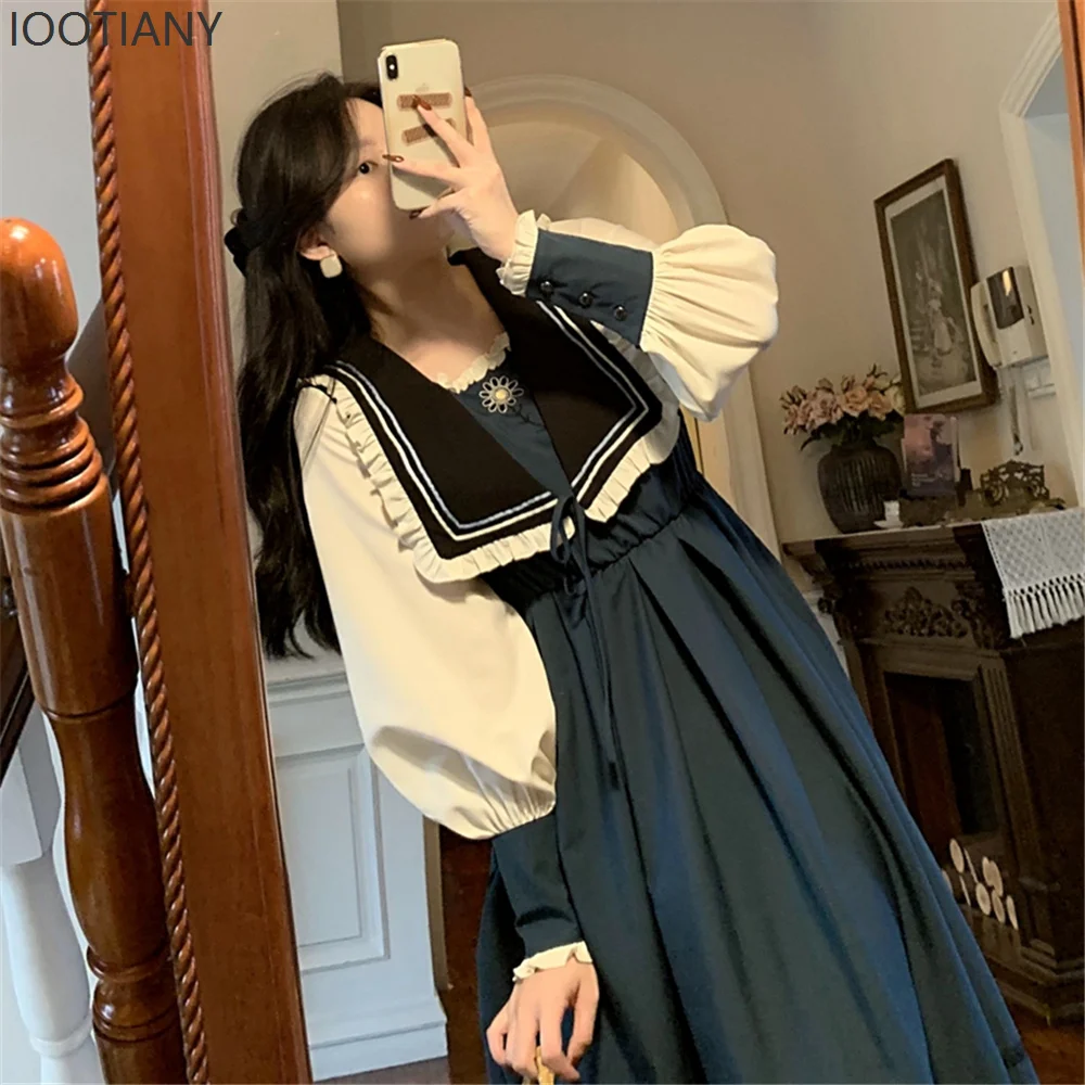 Francese Retro Corte Stile Navy Temperamento Elegante Carino Lolita Abito a maniche lunghe Ragazza Tea Party Abito da principessa vittoriano con volant