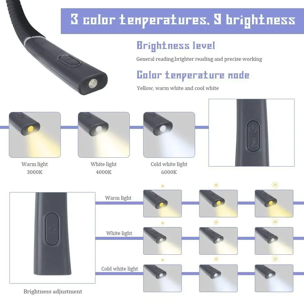 Neck Reading Light Novelty Flexible Neck Lights Handsfree Book Light Hanling Read Lamp Portable USB Rechargeable Book Lighting book light
