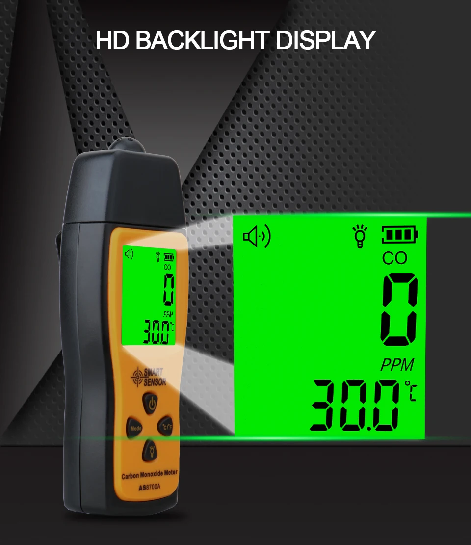 AS8700A Handheld Carbon Monoxide Detector 1000ppm CO Meter LCD Sound and Light A