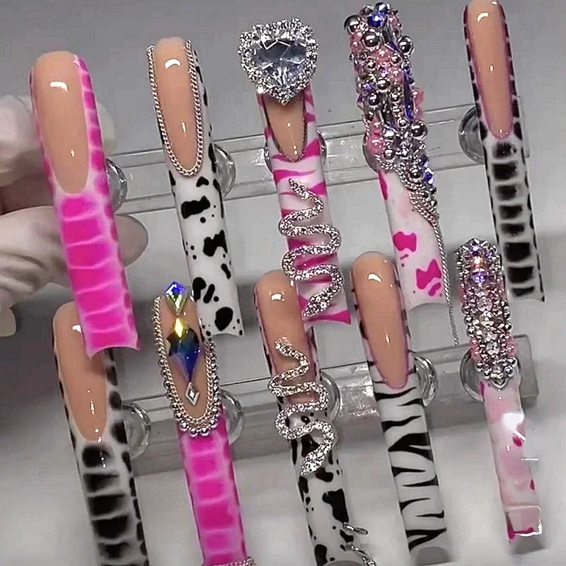 Handmade Crocodile Print Y2K Pink Custom XXXL Long Square Press On Nails Acrylic False Nail Tips Bling Fake Nail With Glue Party