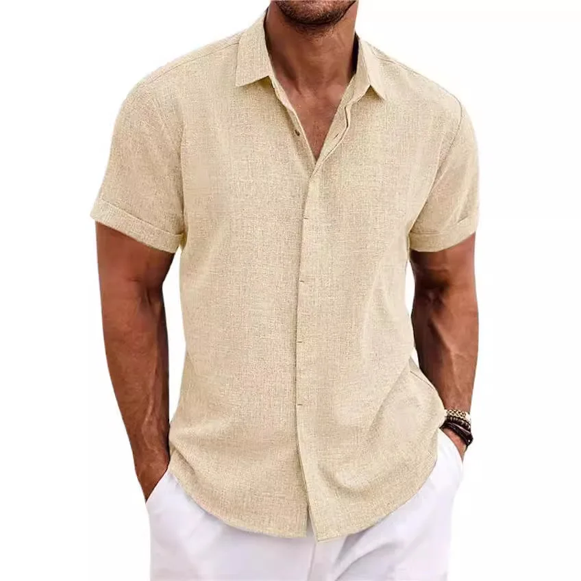 Mens Linen Short Sleeve Shirt Solid Color Cotton Linen Loose Fit Beach Top Casual Summer Tee 4