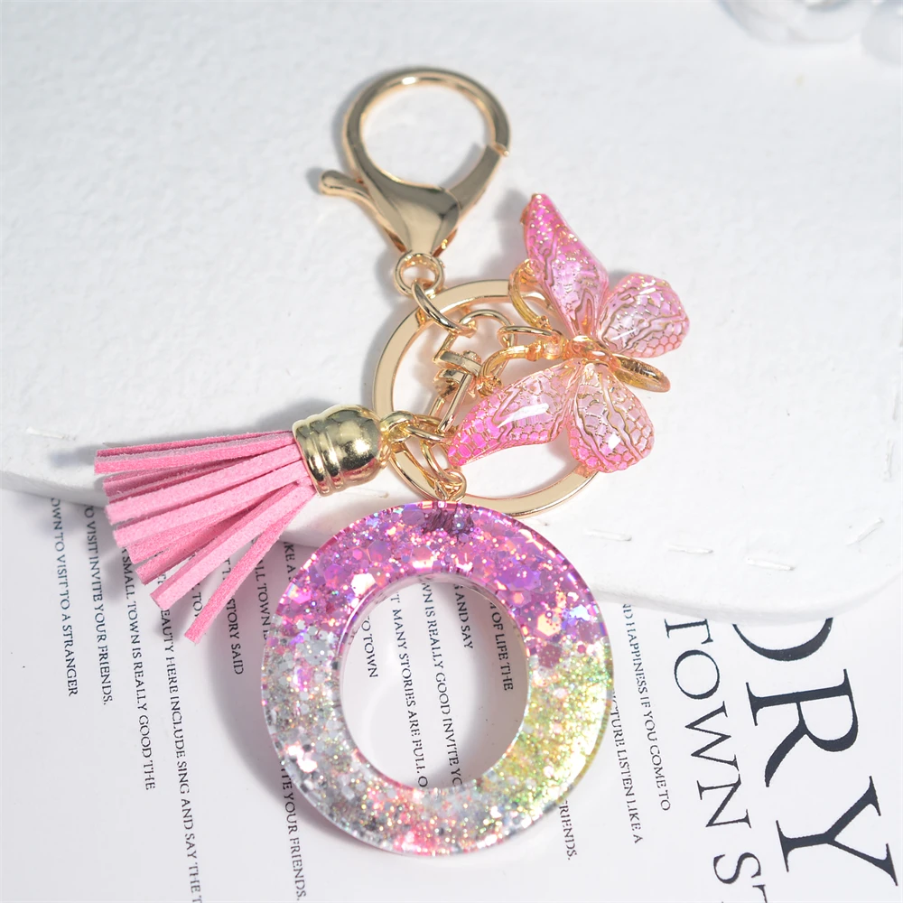 Pink Butterfly Pendant 26 Initial A-Z Key Chain With Tassels