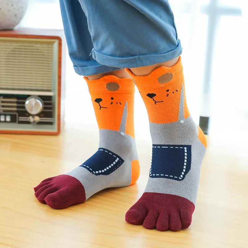 5 Pairs Children's Cartoon Calf Socks with Fingers Cute 3D Bear Sock Pure Cotton Breathable Toe Health Socks for 3-7-12Y Kids