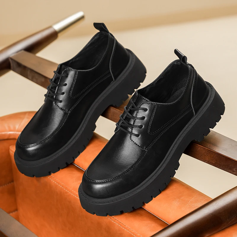 Fashion Black Leather Derby Shoes for Men Thick-soled Wedding Shoes Formal Business Lace-Up Casual Platform Loafers