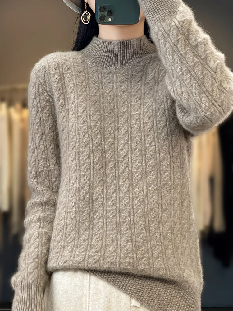 Women Autumn Winter Sweater Long Sleeve Thick Pullover 100% Merino Wool  Mock Neck Twist Flower Basic Cashmere Knitwear 2023 Tops