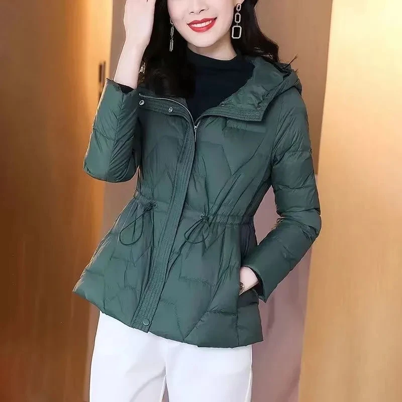 

Winter Women Short Down Cotton Padded Jacket Hooded Long Sleeve Drawstring Waist Cotton Parkas Khaki Black
