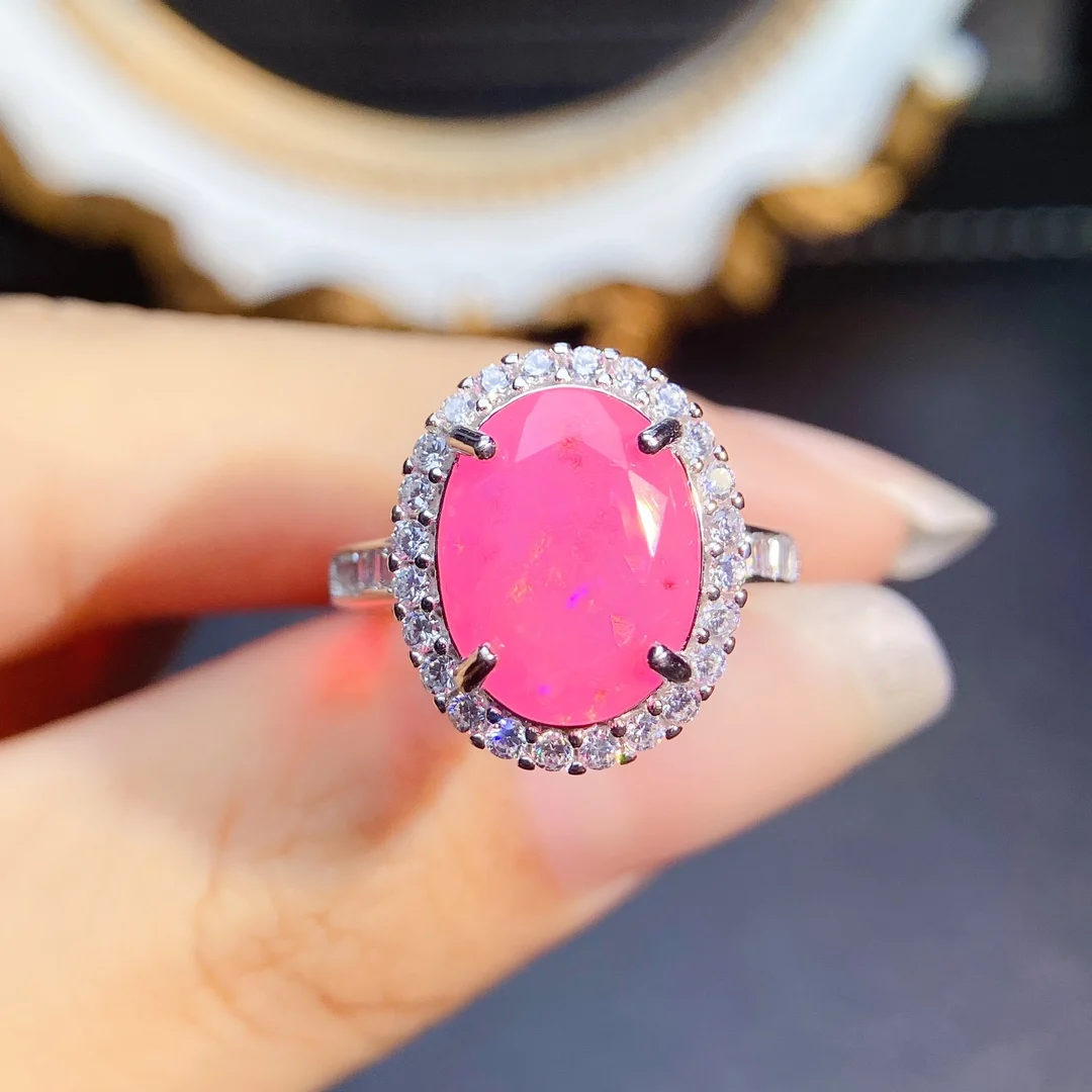 Oval Pink Opal Engagement Promise Ring Sterling Silver 925 Natural Opal Halo CZ Wedding Ring For Women Fine Jewelry