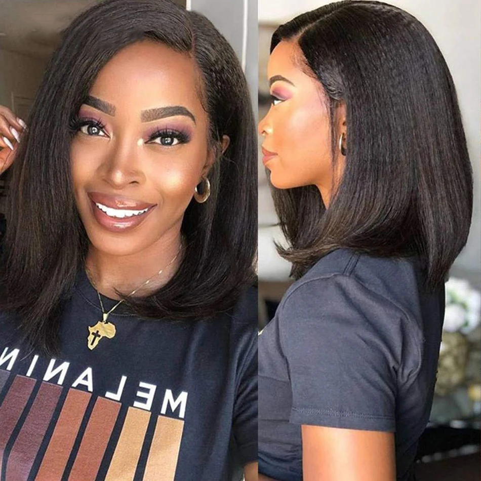 Brazilian V Part Bob Wig Human Hair No Leave Out Kinky Straight Wig Women V Part No Glue Natural Color Human Hair human hair wig lace front wig human hair wigs front lace wig