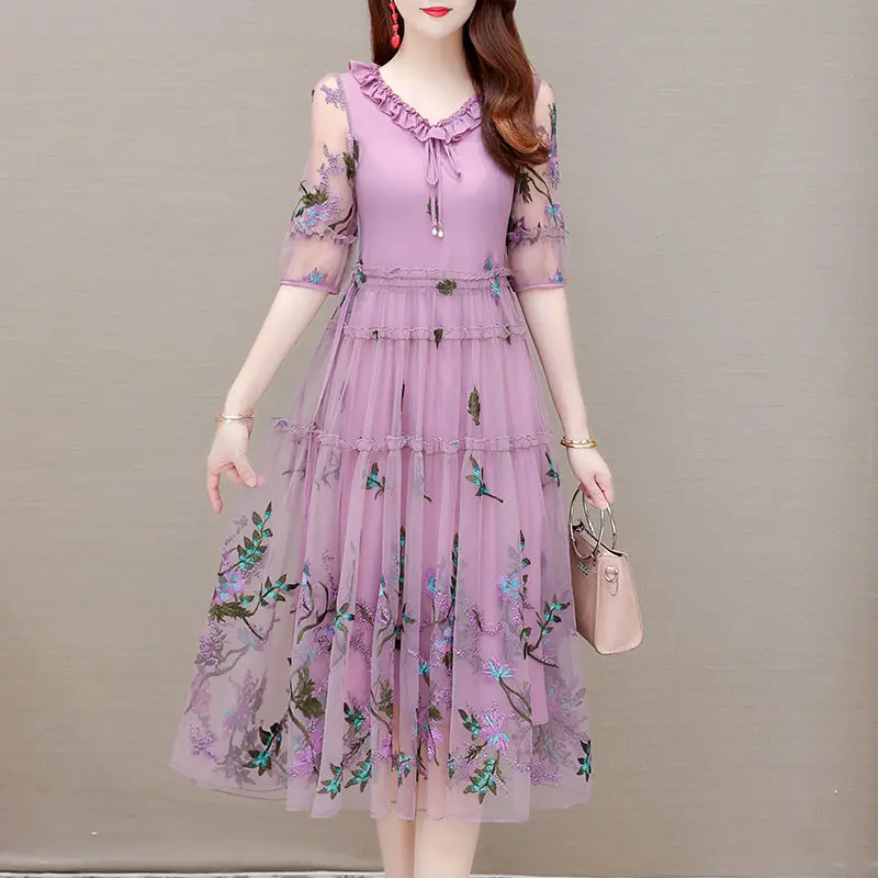 

Purple Dress New Summer Women's Fake Two Piece Waist Wrapped Thin Embroidered Mesh Skirt