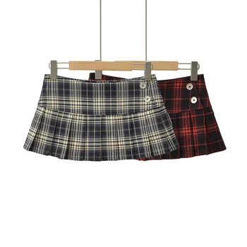 Summer Mini Skirts For Woman Vintage Korean Fashion Red Plaid Skirt Women Y2k Clothes Skirts Buttons Pleated Skirts Preppy Style