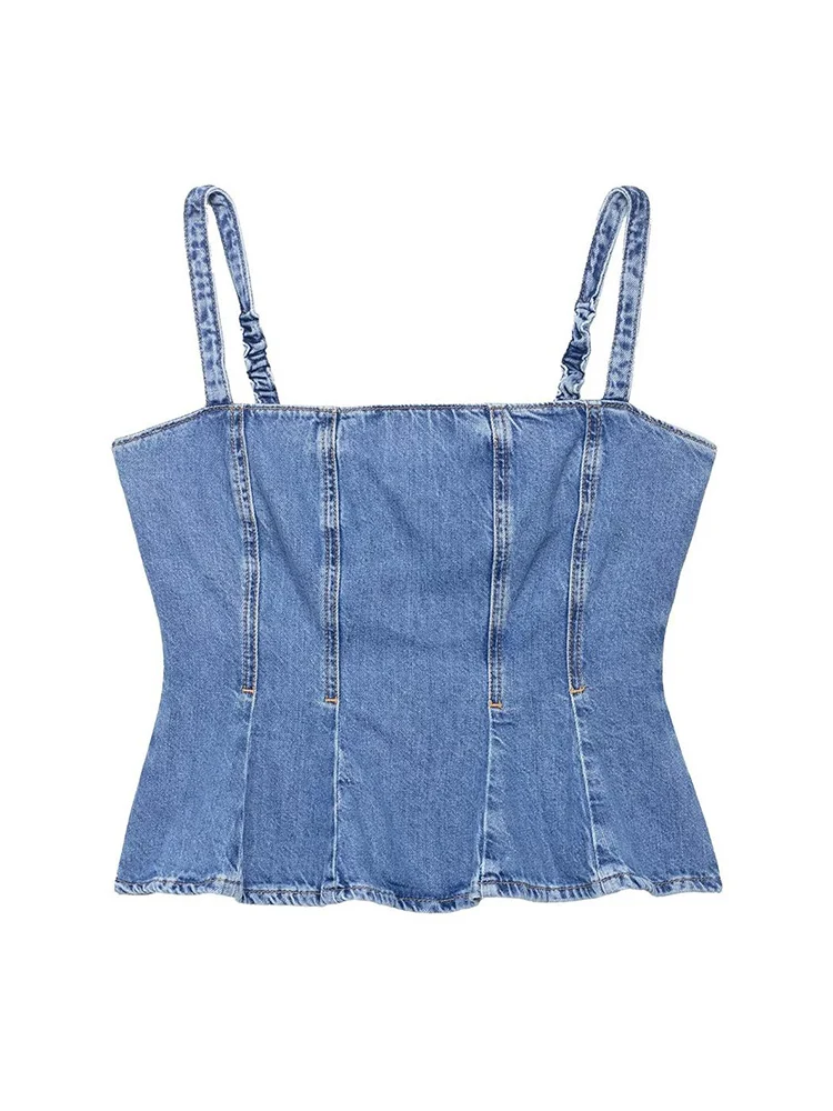 TFMLN 2025 New Women Casual Denim Sling Top Fashion Slash Neck Back Zipper Corset Female Vintage Wave-type Wide Pendulum Top