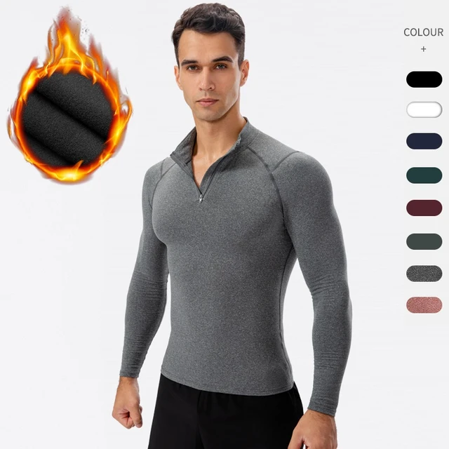 Camisa de manga longa t para homem elástico apertado fino velo inverno  roupas masculinas térmicas de