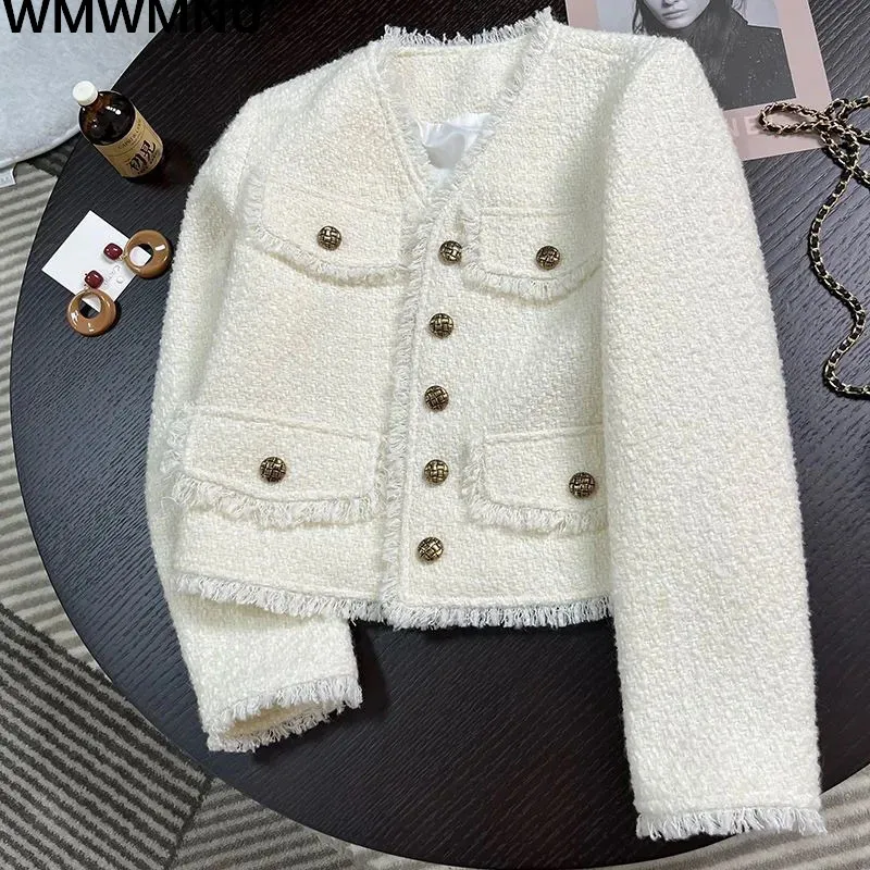 

Tweed Tassel Woolen Women Short Slim Jacket Korean Vintage Causal Chic Streetwear Coat Spring Elegant Wool Blend Chaquetas New