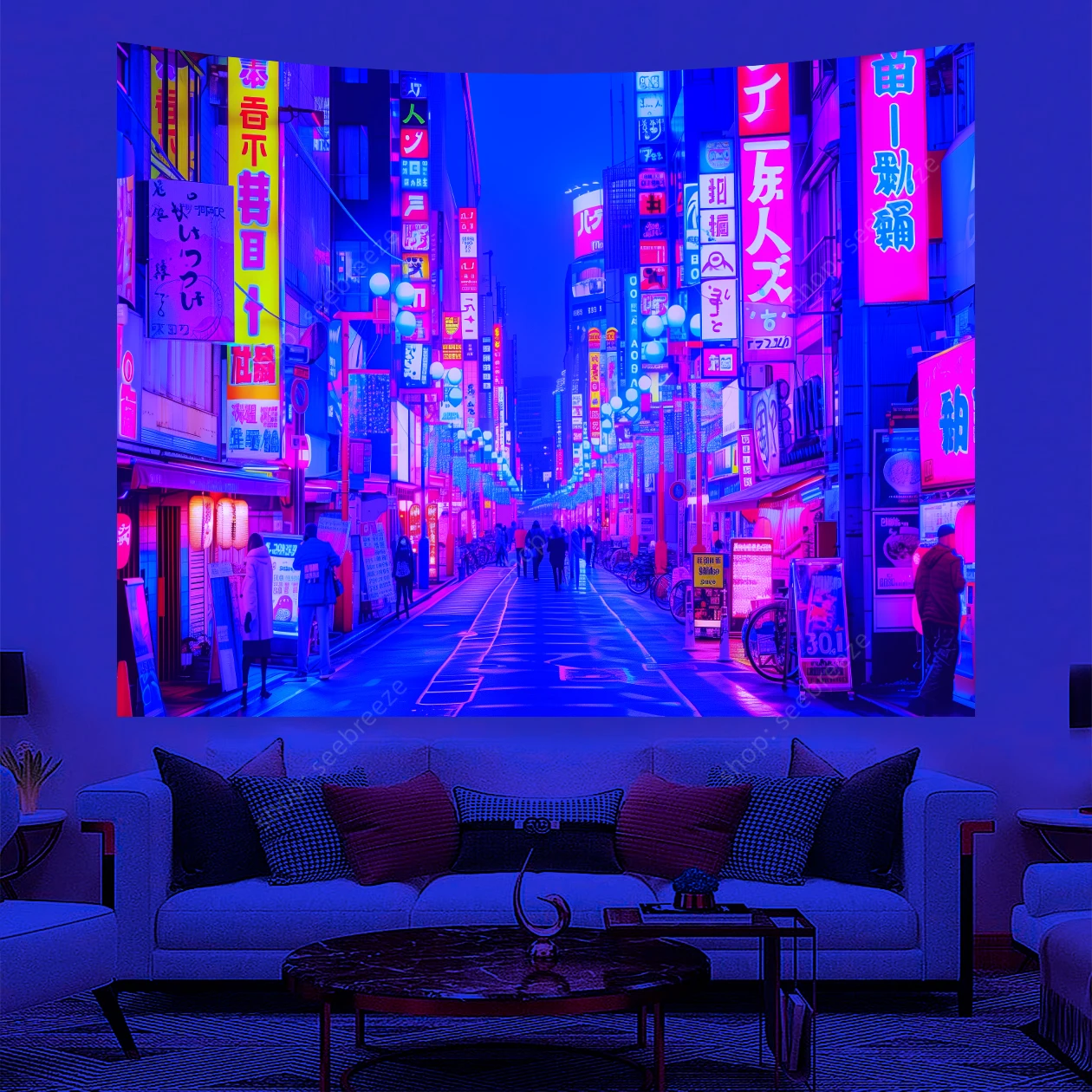 

Japanese Anime Art UV Reactive Tapestry Tokyo Bustling Night Market Street Scene Wall Hanging Curtain Decor Home Wall Tapestries