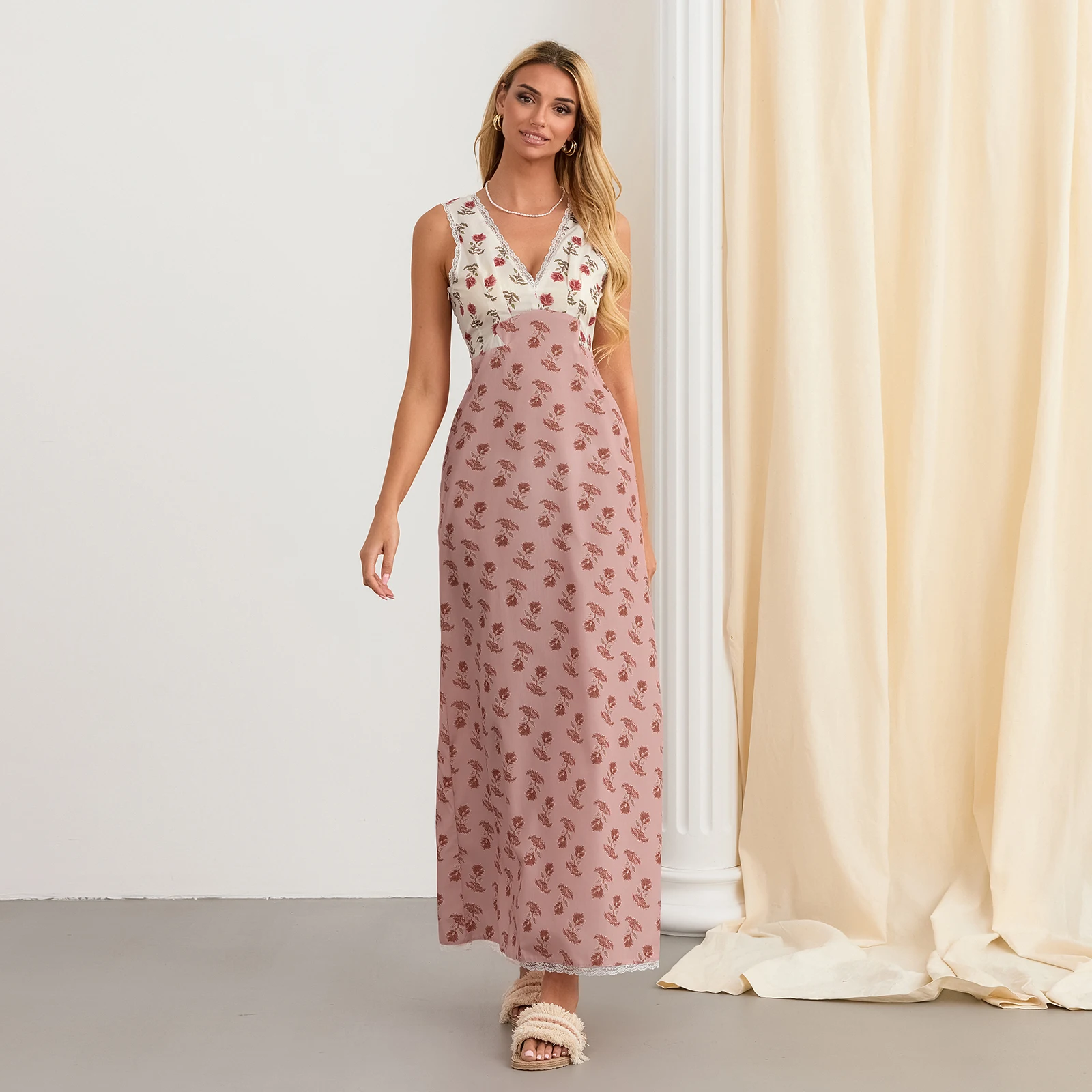 

Elegant Long Tank Dress Women's Flower Print Lace Trim Deep V Neck Sleeveless Wrap Dress