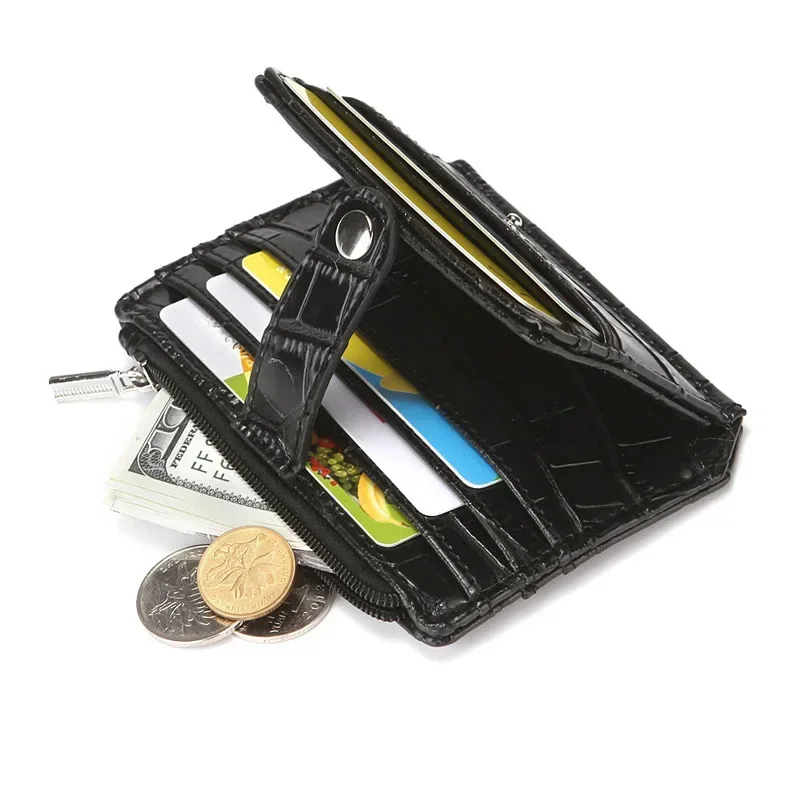 

Однотонный кошелек с бамбуковым узором и пряжкой, кошелек для монет, черный короткий тонкий кожаный держатель для удостоверения личности и кредитных карт, кошелек, бумажник с отделением для денег