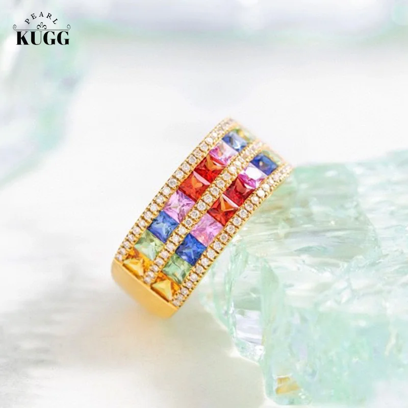 KUGG 18K Yellow Gold Rings Women Real Color Sapphire Ring Luxury Diamond Fine Wide Design Romantic Rianbow Shape Wedding Jewelry