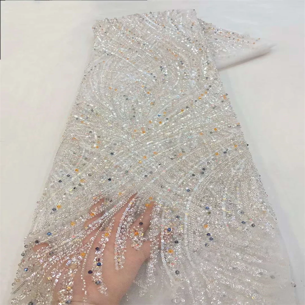

African Lace Fabric 2024 Sequins Beaded Embroidery Groom Nigerian Bridal High Quality French Tulle Lace Fabric For Dress xz-375