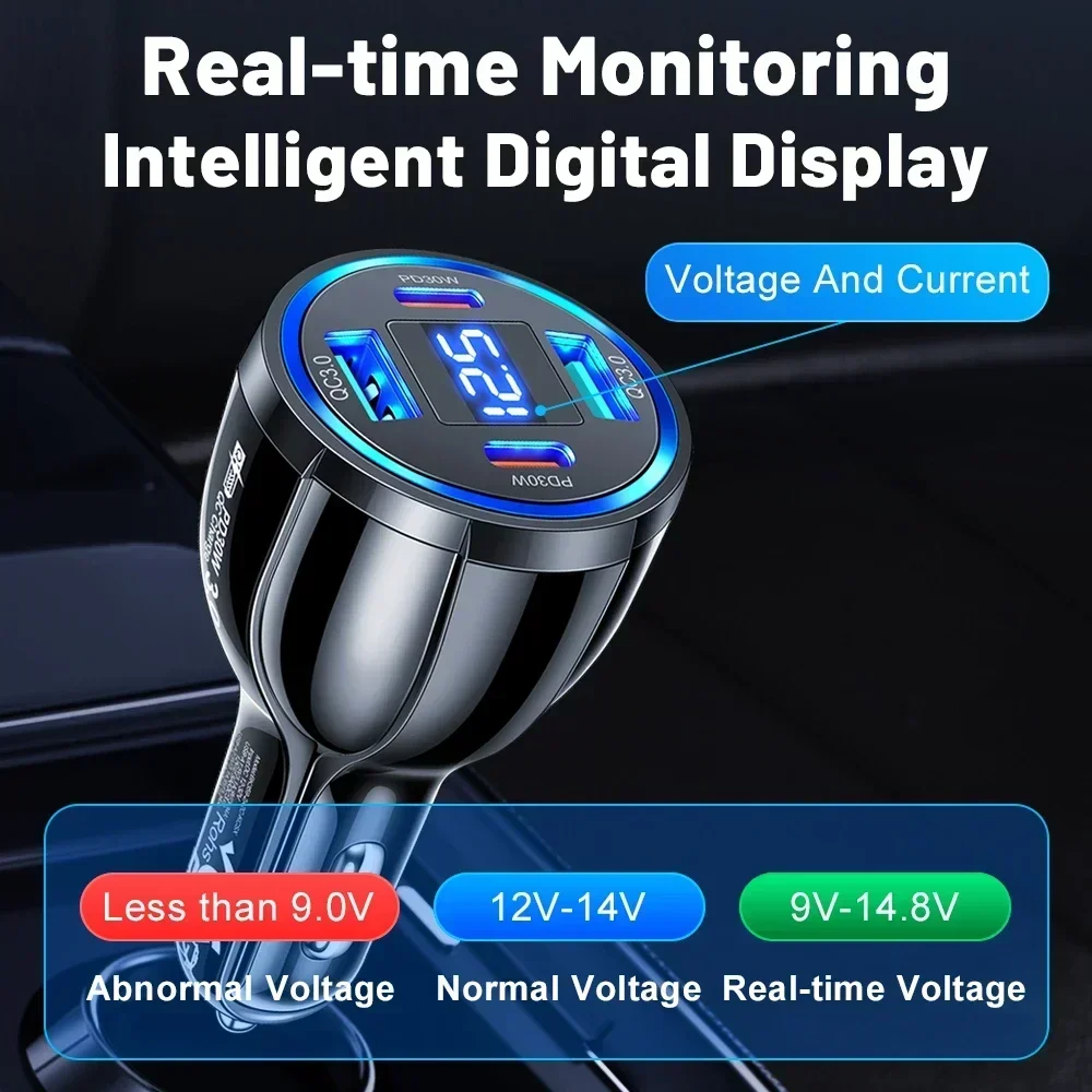 100W 4 Ports Car Charger USB Fast Charging with Digital Display Quick Charging Adapter for iPhone Samsung Xiaomi Type C Charger