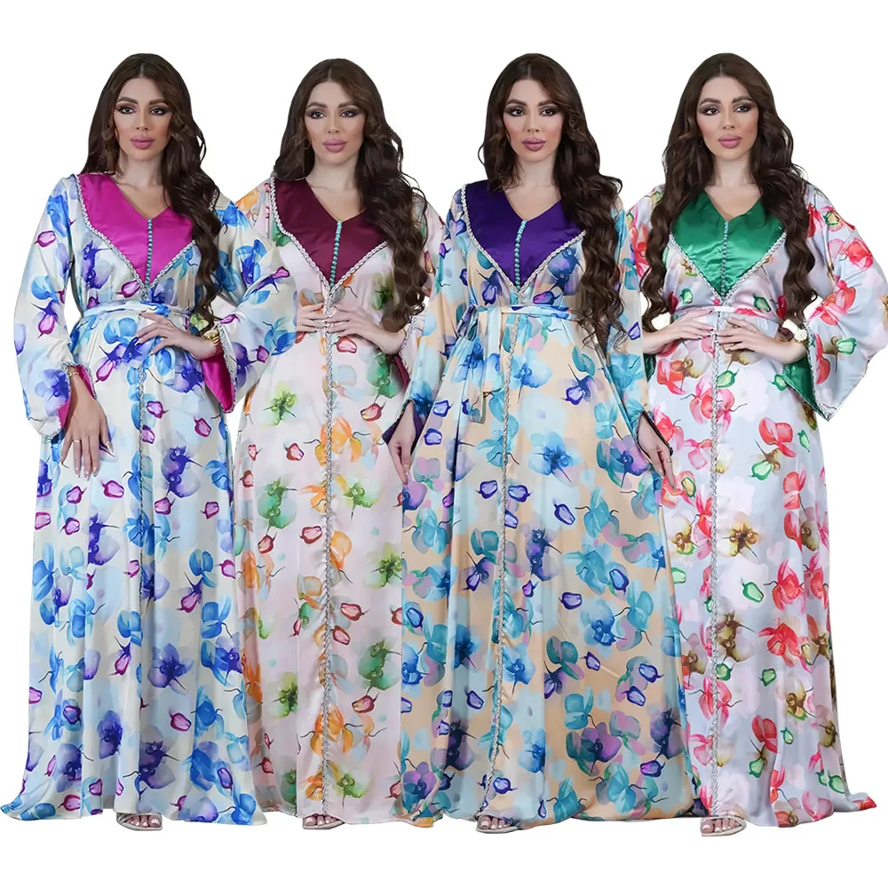 

Summer Autumn Muslim Elegant Women Long Sleeve V-neck Polyester Printing Long Abaya Muslim Fashion Dresses Abaya Dress