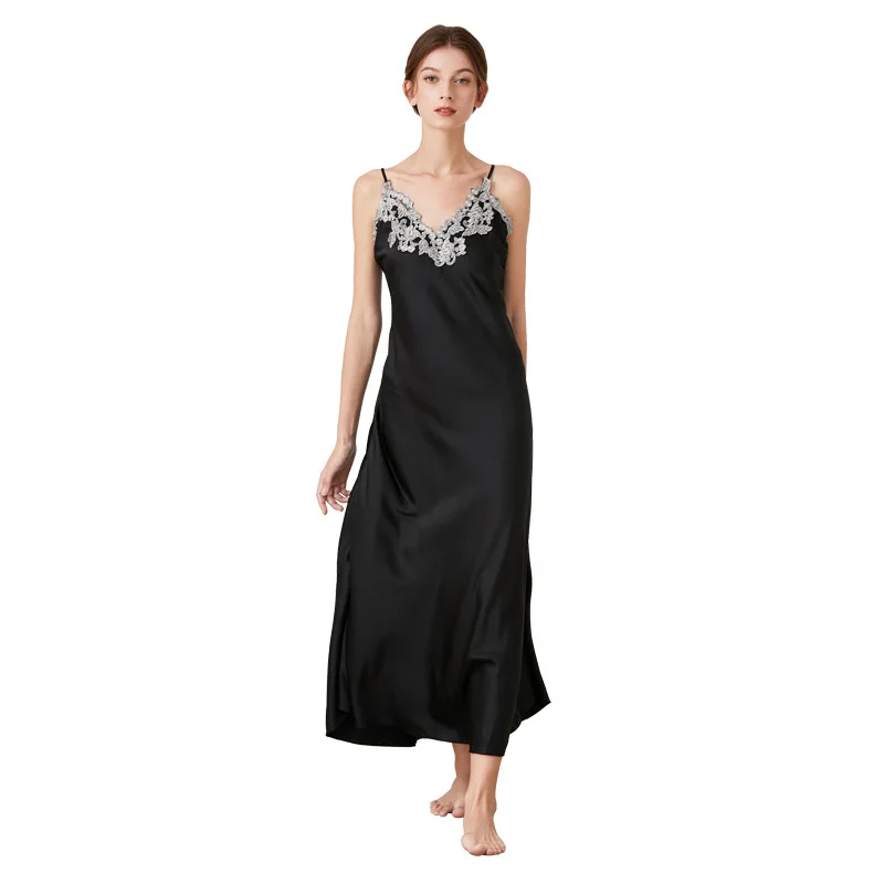 Thin V-neck Slip Dress Female Minimalist Leisure Pajamas Imitation Silk Sleepwear Lace-trimmed Nightgown Home Clothing for Women
