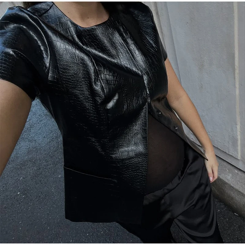 Vintage PU Leather O-neck Shirts Women Casual Loose Solid Short Sleeve Single Breasted Shirt Female Spring Chic High Street Tops