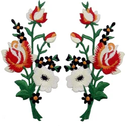 Boho Floral Bouquet Embroidered Appliques - Pink & Blue Roses Iron - on Patches (Orange)