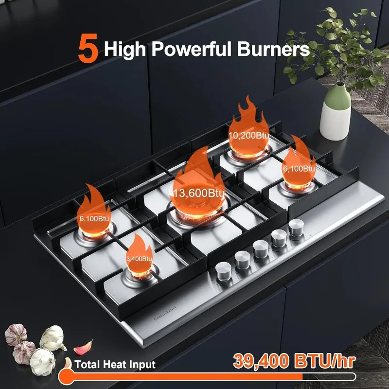 30 inch Gas Cooktop,Gas Stove Top with 5 High Efficiency Burners,Bulit-in Stainless Steel Gas Hob for Kitchen,NG/LPG Convertible 2