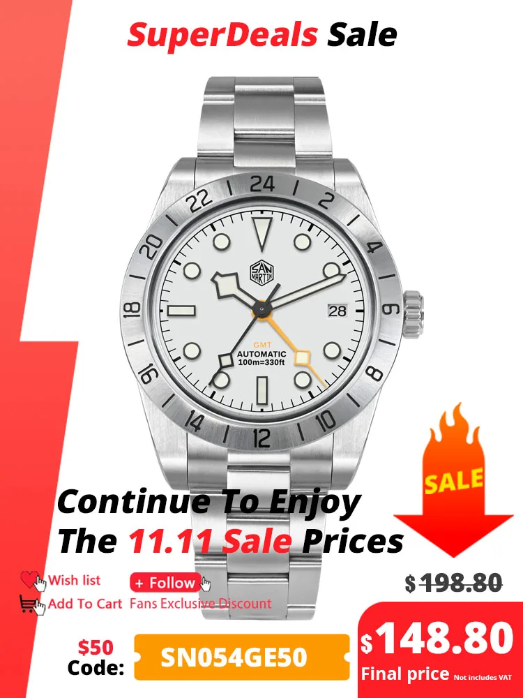 San Martin-reloj mecánico automático para hombre, de acero inoxidable NH34 cronógrafo deportivo, luminoso de zafiro, resistente al agua, GMT, 39mm, nuevo