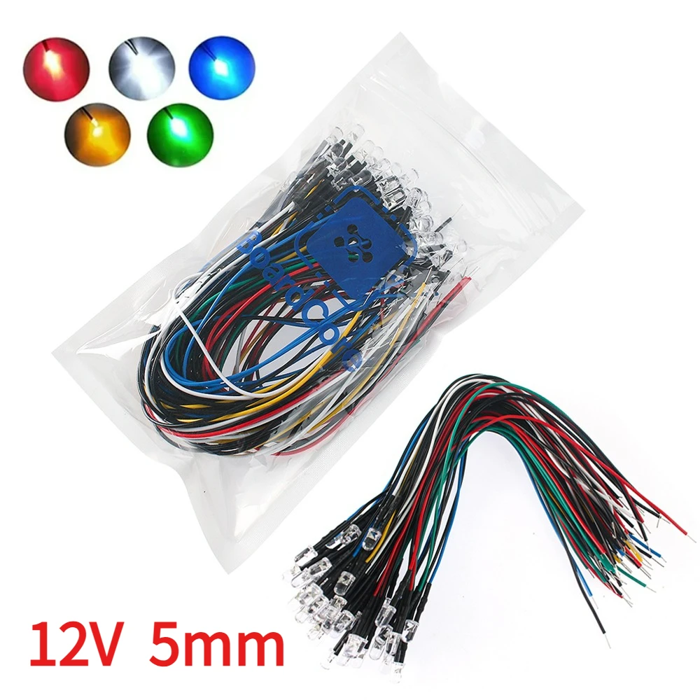 20 pièces 20cm pré-câblé 12V 5mm Diode électroluminescente pré-soldère 3-12V blanc/rouge/vert/bleu/jaune/blanc chaud Diodes LED Kit de lumières