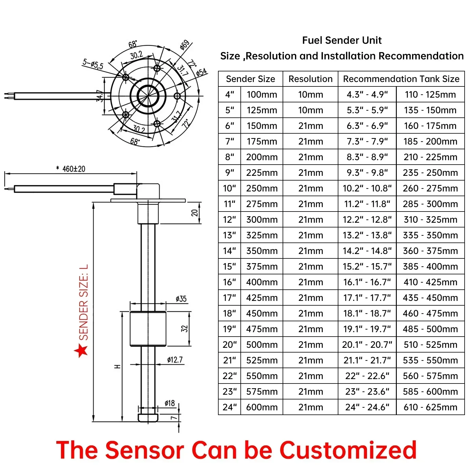 0-190 ohm Fuel Float Sensor 125/175/225/250/275/500mm Water Level Sensor Oil Tan
