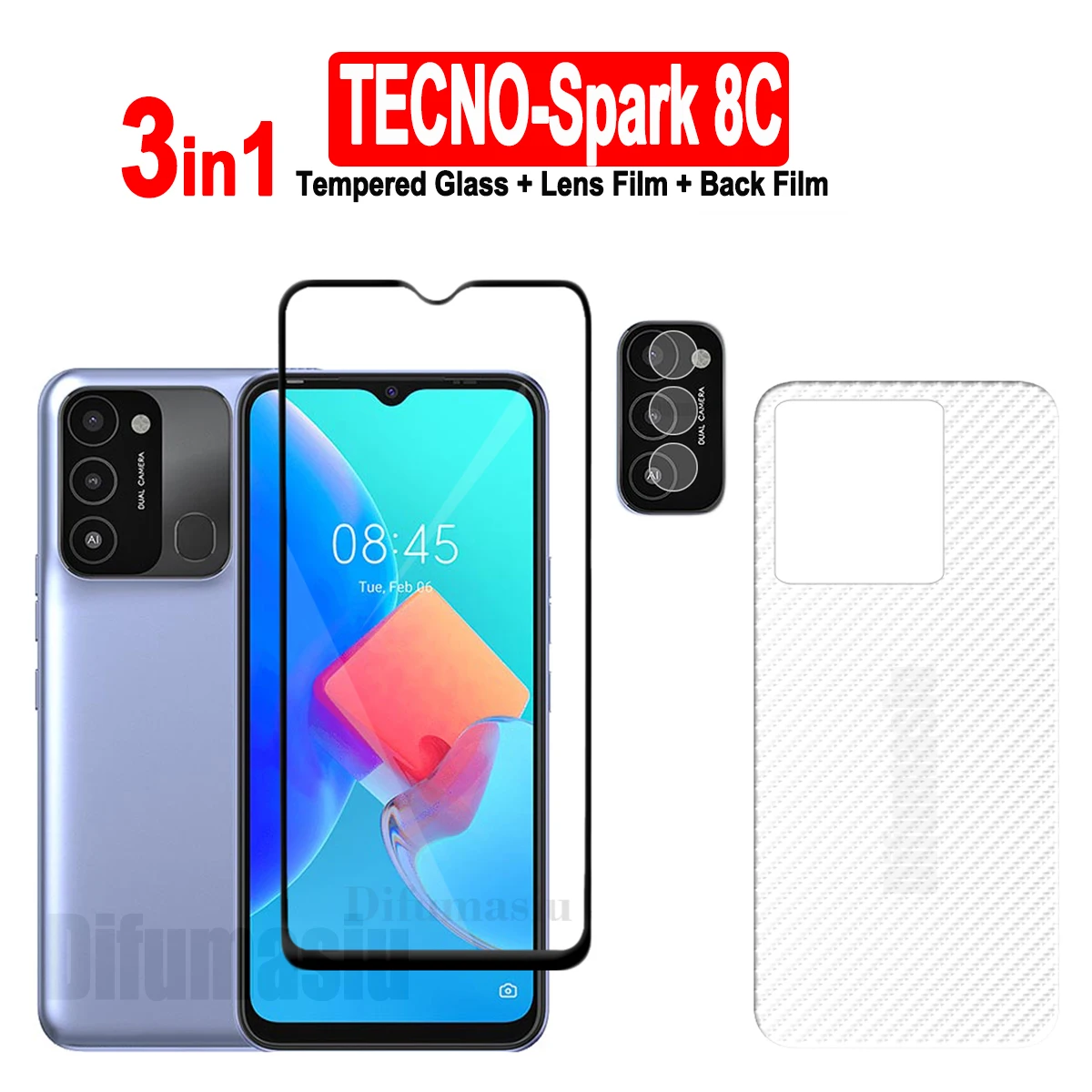 

For Tecno Spark 8C Tempered Glass Screen Protectors Soft Camera Lens Protector Full Cover Screen Glass 3in1 Back Film
