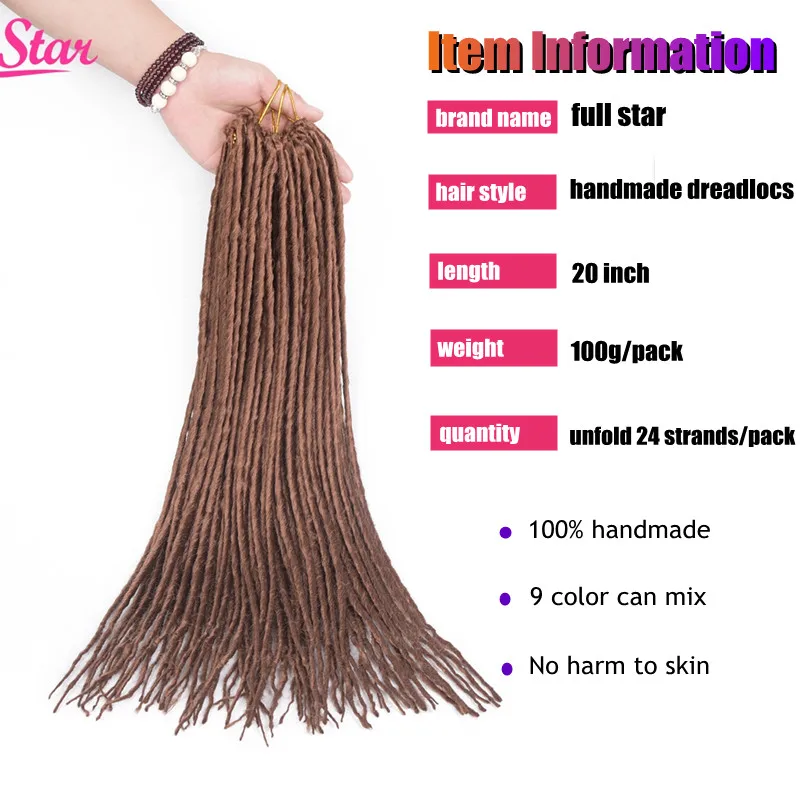 Full Star Synthetic Hair Thick goddess Blonde Dreadlocs Crochet Hair Braids 1 pack 20 inch Fold 24 strands 100 g Grey Black